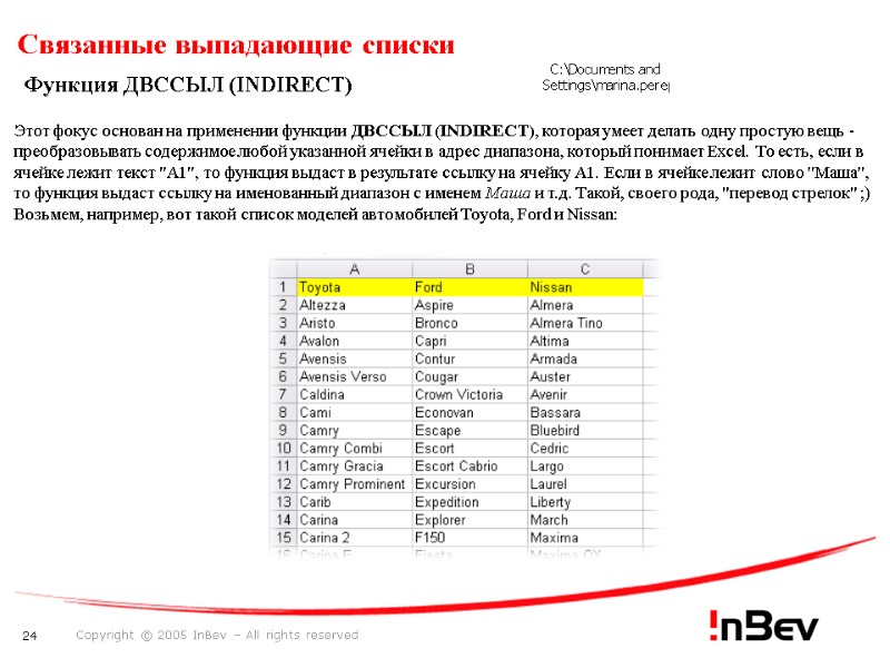 Связанные выпадающие списки  Функция ДВССЫЛ (INDIRECT)  Этот фокус основан на применении функции